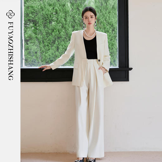FUYAO扶摇 新中式盘扣西装套装女2025秋冬国风高级感阔腿裤两件套 商品图0