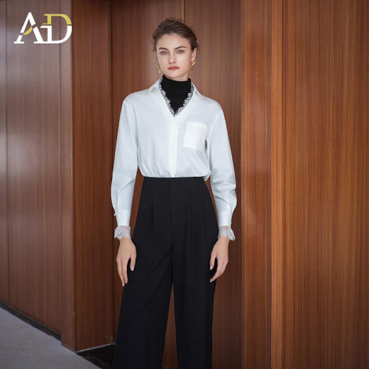 AD高级轻奢穿搭一整套2025新款蕾丝边V领衬衫女百搭高腰黑色西裤 商品图0