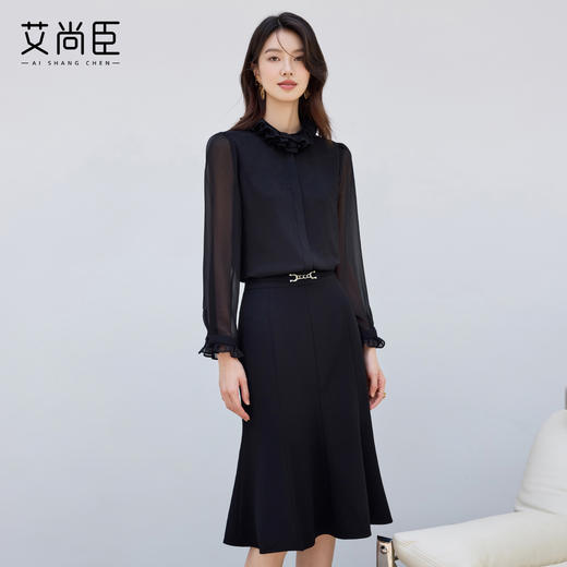 2025新款高级感长袖衬衫黑色显瘦气质小衫时尚洋气收腰显瘦套装 商品图1
