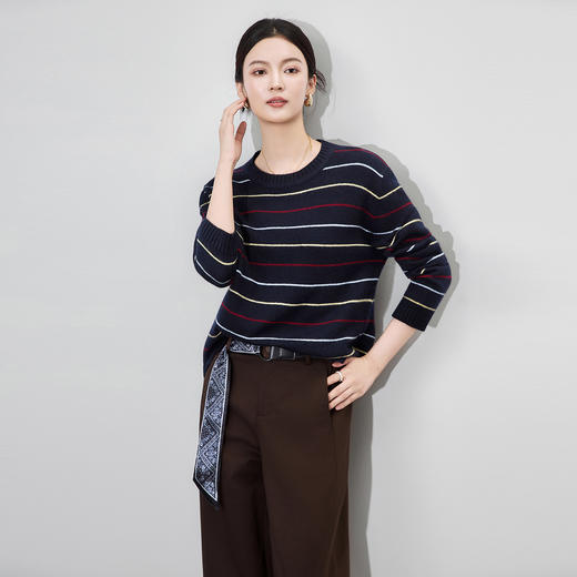 「高货wl」全新升级【铂金会员220/天猫299/差价79】(05212)洛诗琳气质撞色毛衣针织衫2025秋冬条纹套头圆领宽松毛衣 商品图1