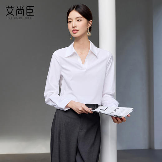 艾尚臣2025新款白色V领气质显瘦正式场合衬衫时尚减龄长袖衬衣 商品图4