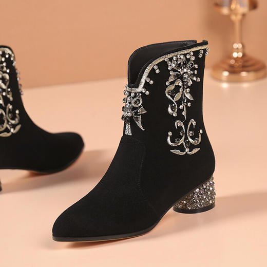 【预售5天】优雅气质中跟羊皮刺绣短靴女秋冬粗跟单靴大码配旗袍鞋XC&9608 商品图2