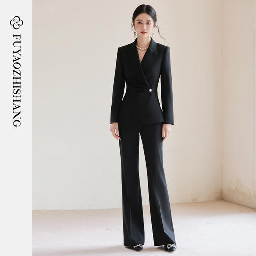 FUYAO扶摇 黑色西装套装女2025秋高级感醋酸西服外套微喇裤两件套 商品图1