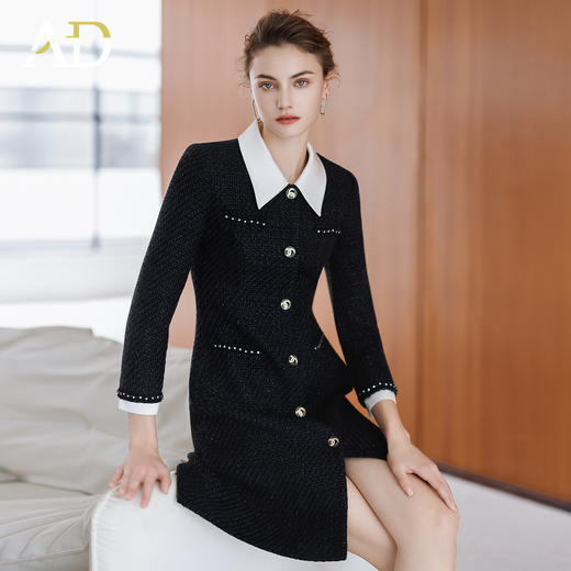 AD黑色雪尼尔接拼醋酸领连衣裙女秋冬季新款小香风黑白撞色西装裙 商品图2