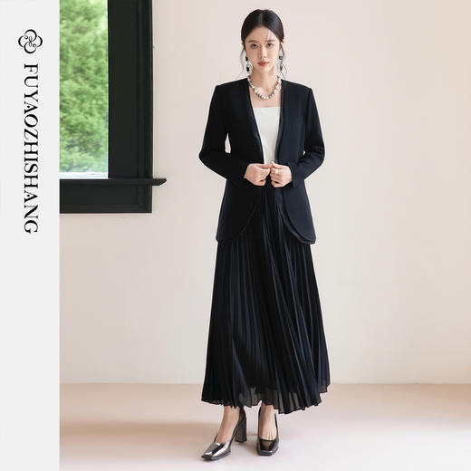 FUYAO扶摇 轻奢小香风西装套装女秋冬黑色高级感醋酸西服两件套 商品图1