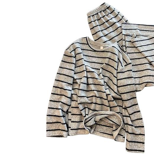 【德绒】睡衣女秋冬季加厚保暖简约条纹磨毛长袖套装可外穿家居服 商品图4