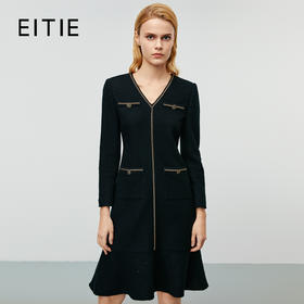 EITIE爱特爱冬季新款气质通勤百搭显瘦V领收腰鱼尾裙摆连衣裙8007720