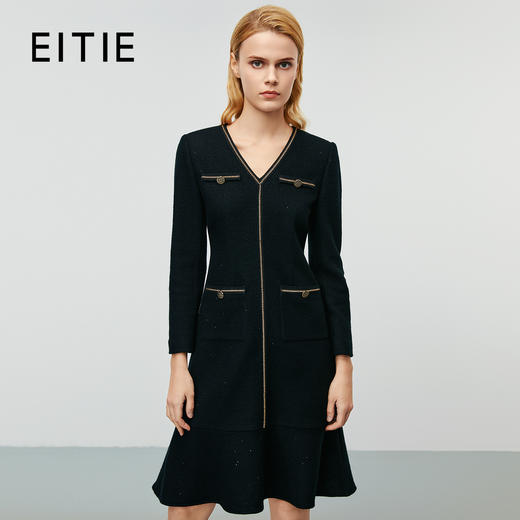 EITIE爱特爱冬季新款气质通勤百搭显瘦V领收腰鱼尾裙摆连衣裙8007720 商品图0