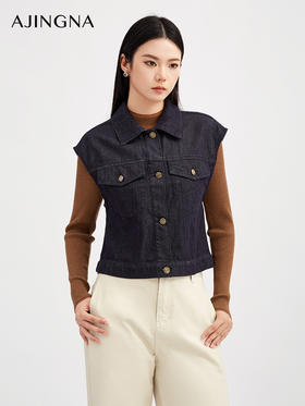 【商场同款】阿菁娜秋季新款工装风无袖马甲复古牛仔蓝叠穿金属扣翻领设计A30Q103008