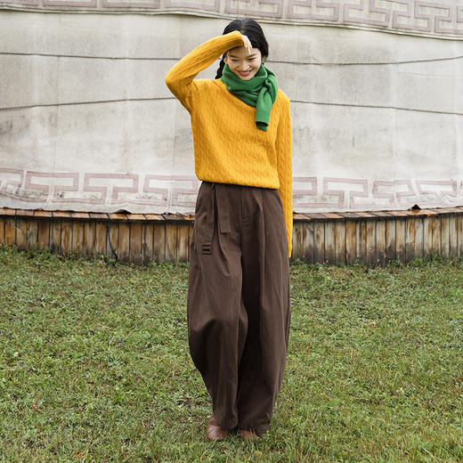 绽放688朵/小个子纯棉帅气压褶带腰带弯刀阔腿裤显高休闲裤女新款 商品图1