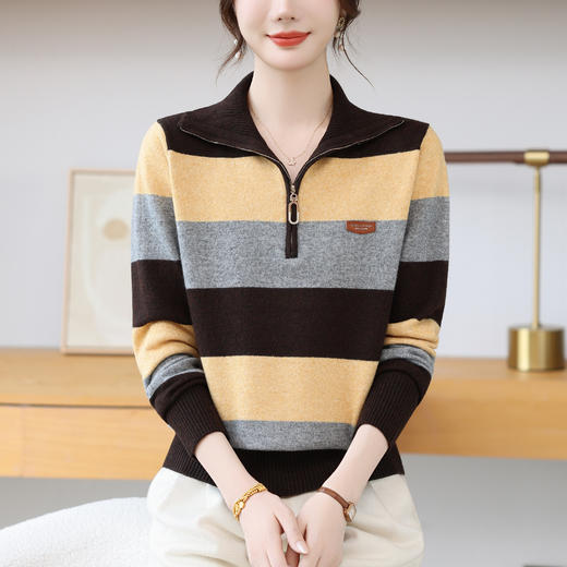 CC 28-1588慵懒风条纹针织衫半拉链翻领宽松毛衣上衣 商品图2