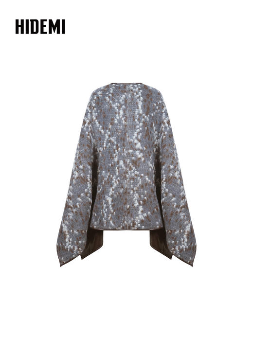 HIDEMI 大秀款进口羊驼毛绵羊毛混纺提花手工皮边镶嵌拼接斗篷大衣外套 商品图13