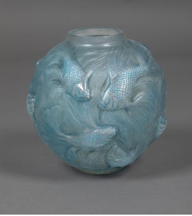 独角鹿西洋古董 1924年法国水晶工坊莱俪LALIQUE设计出品「Formose锦鲤」主题蓝色水晶花瓶