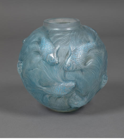 独角鹿西洋古董 1924年法国水晶工坊莱俪LALIQUE设计出品「Formose锦鲤」主题蓝色水晶花瓶 商品图0