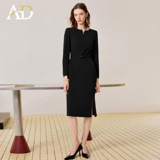 AD黑色气质连衣裙女2025新款秋冬中长款职业工作服开叉西装裙中长 商品图2
