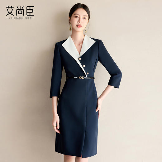 艾尚臣藏青色西装连衣裙高级感气质V领轻熟风连衣裙通勤职场正装 商品图0