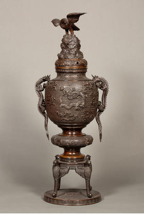 独角鹿西洋古董 19世纪末20世纪初日本明治时期出品祥龙纹双龙耳凤鸟四足铜雕大香炉