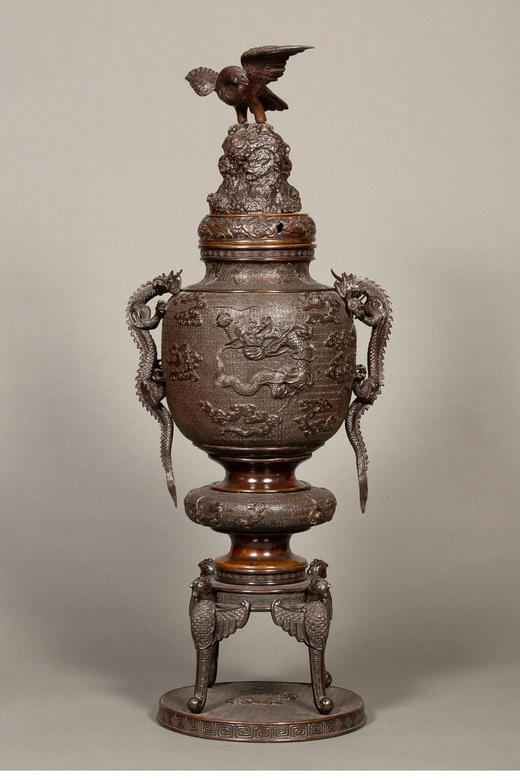 独角鹿西洋古董 19世纪末20世纪初日本明治时期出品祥龙纹双龙耳凤鸟四足铜雕大香炉 商品图0