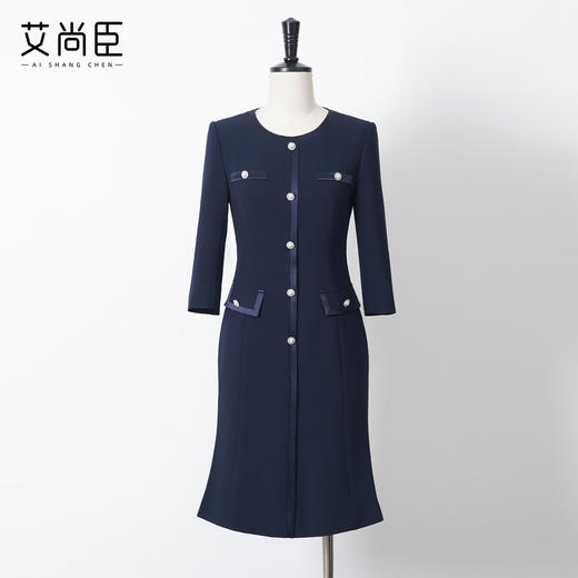 艾尚臣藏青色连衣裙女秋气质高级感修身显瘦裙子端庄大气职场穿搭 商品图1