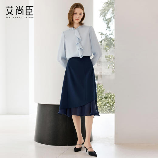 艾尚臣蓝色休闲衬衫女高级感秋季长袖百搭职业衬衣法式花边领上衣 商品图3