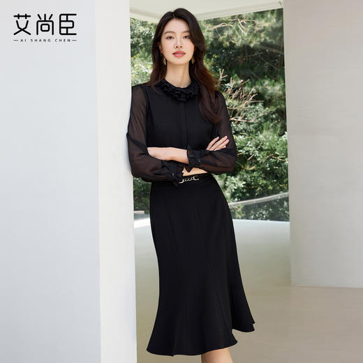 2025新款高级感长袖衬衫黑色显瘦气质小衫时尚洋气收腰显瘦套装 商品图2