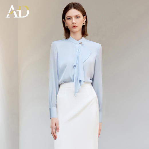AD立体褶裥蓝色衬衫女士通勤职业装衬衣时尚优雅高级感气质长袖 商品图0