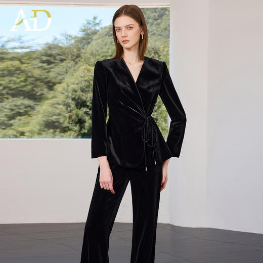 AD黑色丝绒西装套装女2025新款秋季轻奢优雅职业装收腰系带西服 商品图2