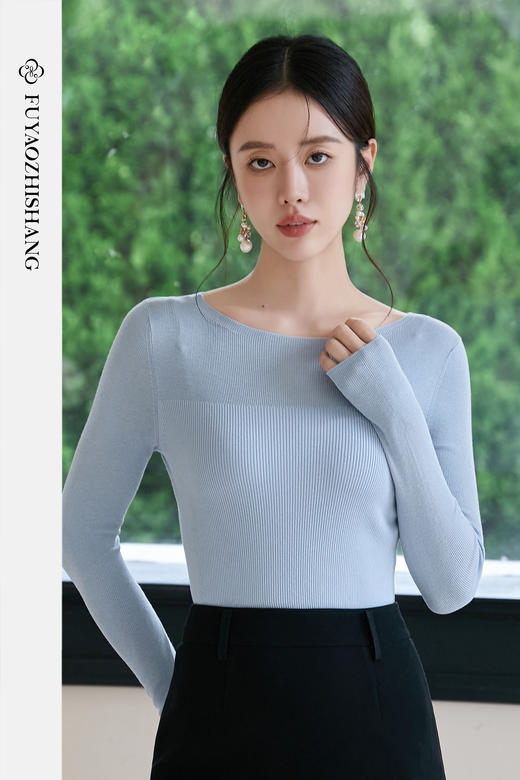 FUYAO扶摇 【纯羊绒】一字领修身针织衫女2025新款朦胧透视上衣冬 商品图5