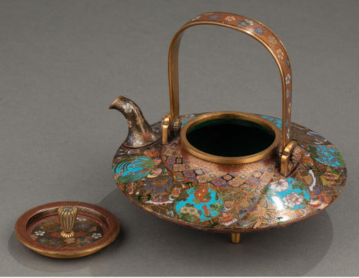 独角鹿西洋古董 1895年代日本明治时期出品稲葉七宝风格吉祥花鸟装饰提梁茶壶/清酒壶 商品图2