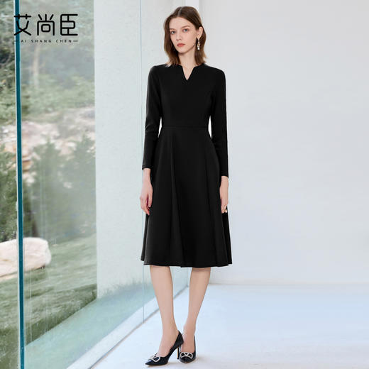 艾尚臣黑色西装连衣裙女早秋小黑裙收腰显瘦大摆裙售楼部工作服 商品图1