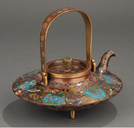 独角鹿西洋古董 1895年代日本明治时期出品稲葉七宝风格吉祥花鸟装饰提梁茶壶/清酒壶 商品图3