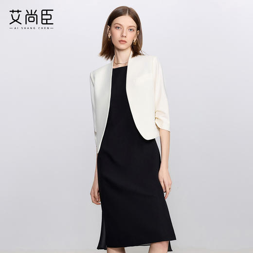 艾尚臣白色时尚套装女通勤无领小西服轻奢高级感西装连衣裙职业装 商品图0