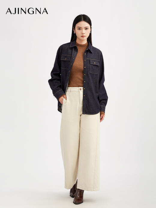 【商场同款】阿菁娜秋季新款复古牛仔蓝衬衫宽松廓形带盖贴兜腔调感叠穿搭配A30Q209023 商品图4