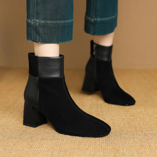 【预售5天】时尚真皮拼接粗跟短靴，方头高跟百搭时装女靴气质马丁靴NJMK&K1791 商品图4
