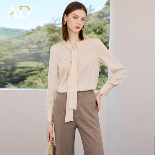 AD杏色衬衫女长袖春秋设计感小众飘带上衣法式V领职业装女士衬衣 商品图1