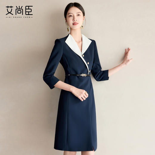 艾尚臣藏青色西装连衣裙高级感气质V领轻熟风连衣裙通勤职场正装 商品图1