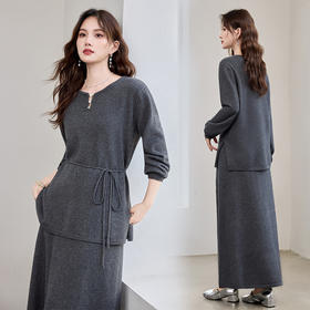 HR YBER617法式简约风珍珠圆领收腰气质款两件套裙