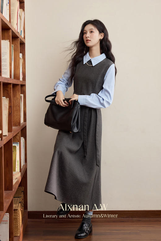 鹿向南「格雷腔调」假两件连衣裙女款2025秋季气质收腰厚款长裙 商品图5