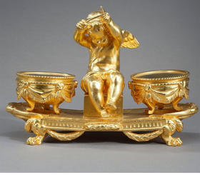 独角鹿西洋古董 19世纪法国出品路易十六风格铜鎏金雕饰小天使主题墨水台