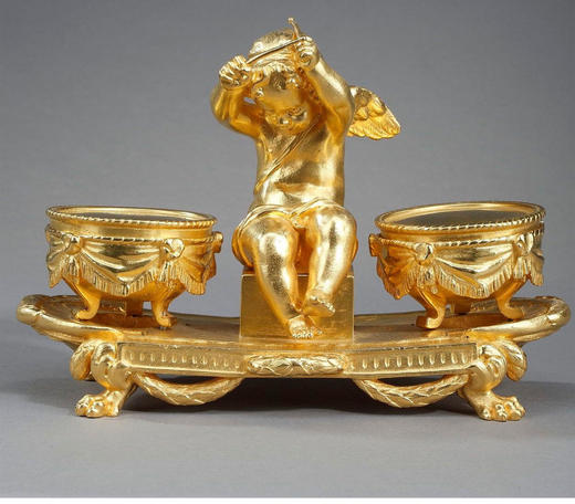 独角鹿西洋古董 19世纪法国出品路易十六风格铜鎏金雕饰小天使主题墨水台 商品图0