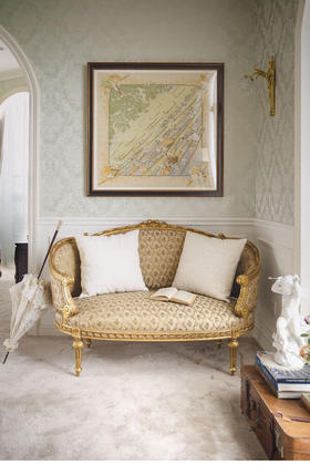 【已售】独角鹿西洋古董 19世纪法国出品路易十六风格木鎏金装饰花卉缎面靠背沙发