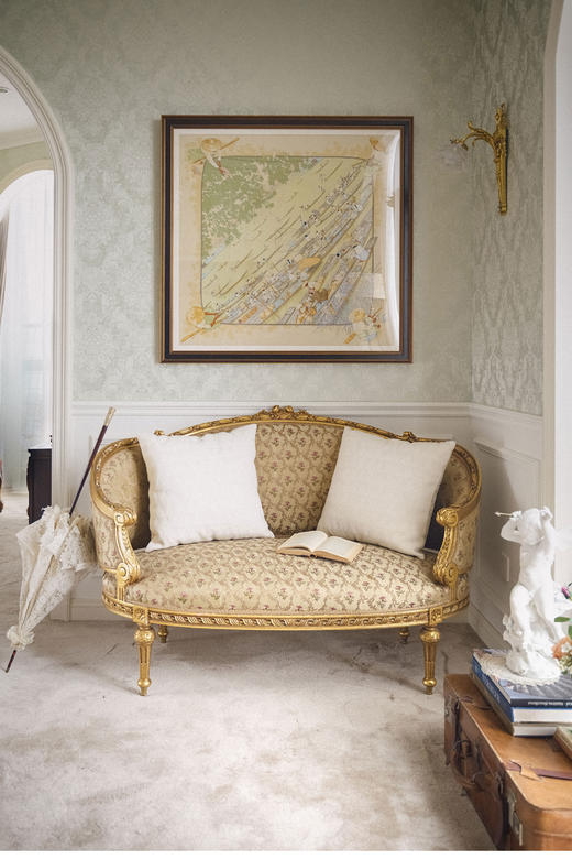 【已售】独角鹿西洋古董 19世纪法国出品路易十六风格木鎏金装饰花卉缎面靠背沙发 商品图0