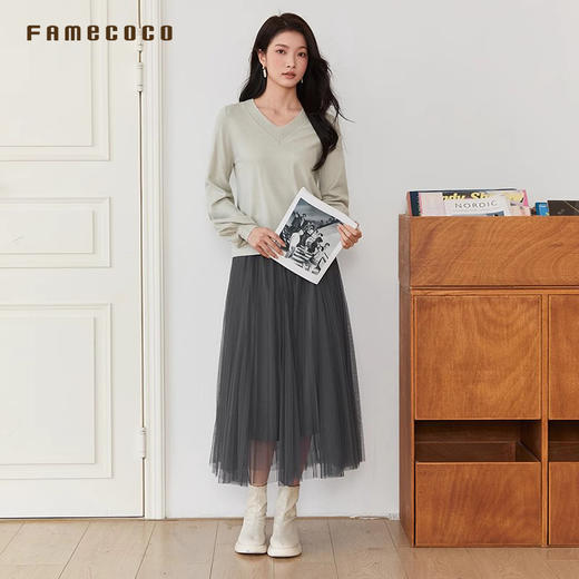 Famecoco范可儿套头针织衫纯色V字领简约百搭春秋新FAB6DD002 商品图1