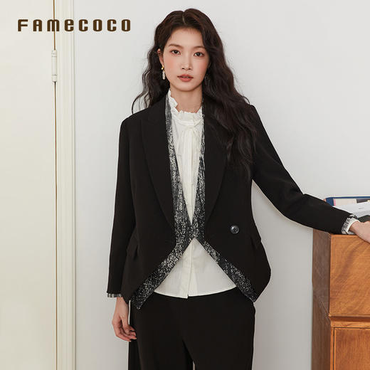 Famecoco范可儿假两件V领修身西装外套商务短款西服FAB6AW016 商品图1