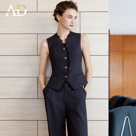 AD时尚英伦风马甲女高级感职业装蕾丝边马夹上衣花灰色直筒西装裤 商品图1