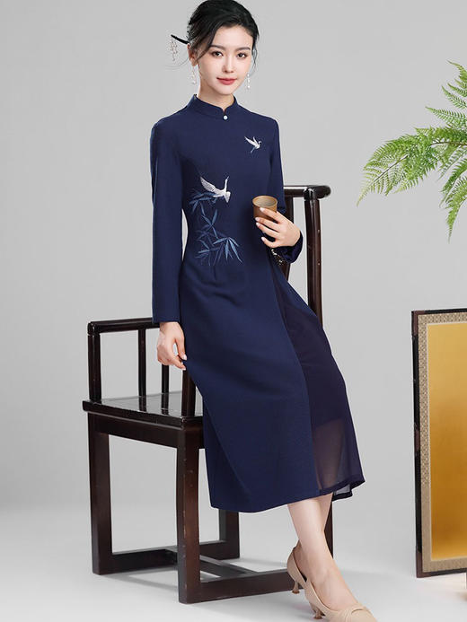 丁摩 竹鹤春秋装复古改良新中式国风绣花日常款旗袍连衣裙5ZF-4202 商品图4