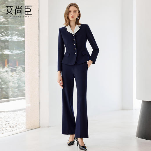 艾尚臣2025新款藏青色西装气质优雅西服套装时尚通勤正装两件套 商品图2