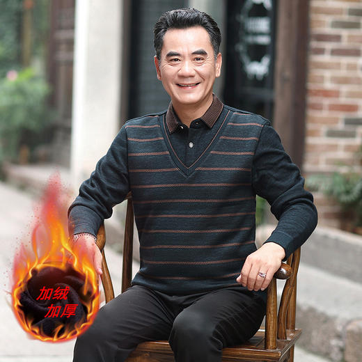 中老年男士加绒加厚假两件毛衣爸爸装打底保暖衣中年男冬装针织衫 商品图1