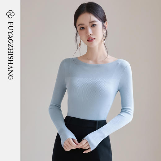FUYAO扶摇 【纯羊绒】一字领修身针织衫女2025新款朦胧透视上衣冬 商品图3