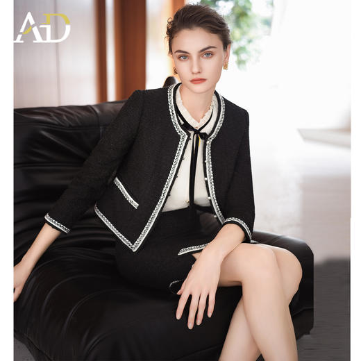 AD雪尼尔小香风套装裙女2025新款秋冬撞色织带名媛范长袖外套半裙 商品图1